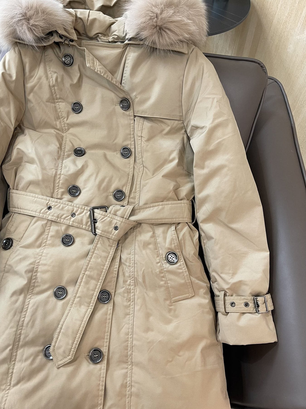 Burberry Fur-Trim Hooded Long Down Jacket — front
