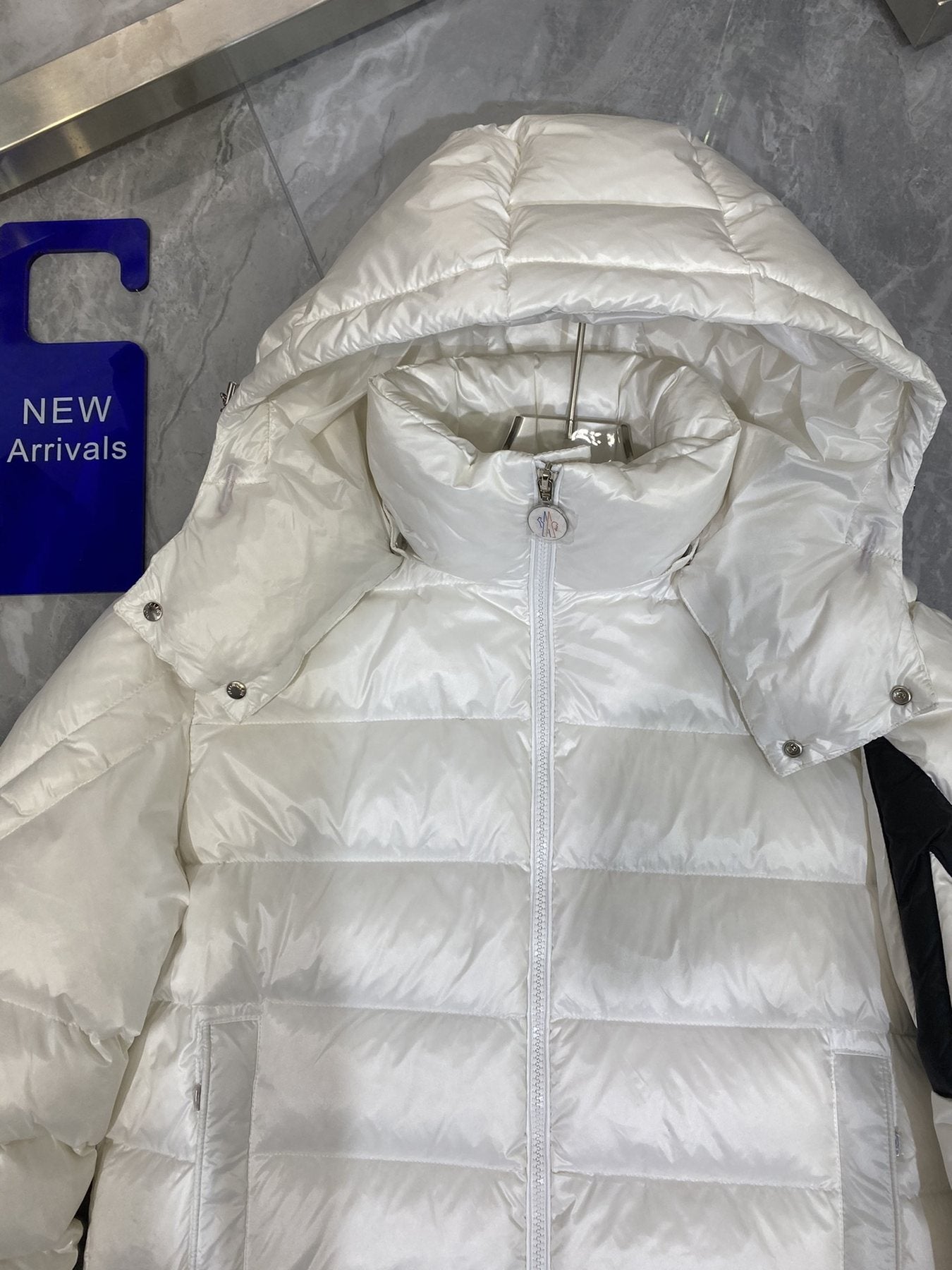 Moncler Glossy Hooded Puffer Coat — detail