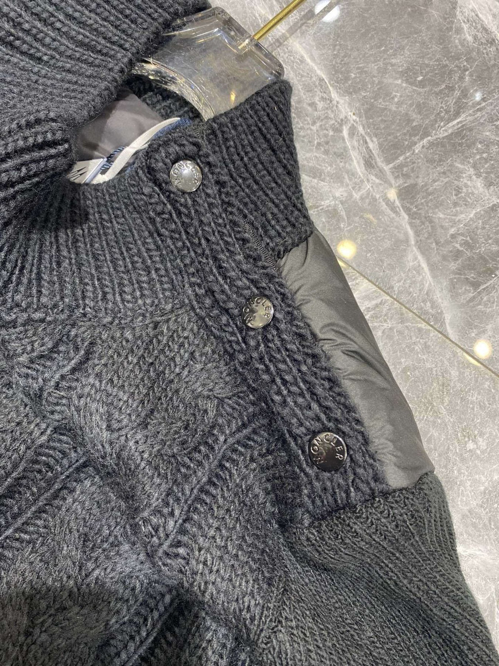 Moncler Belted Padded Panel Cable-Knit Sweater — detail