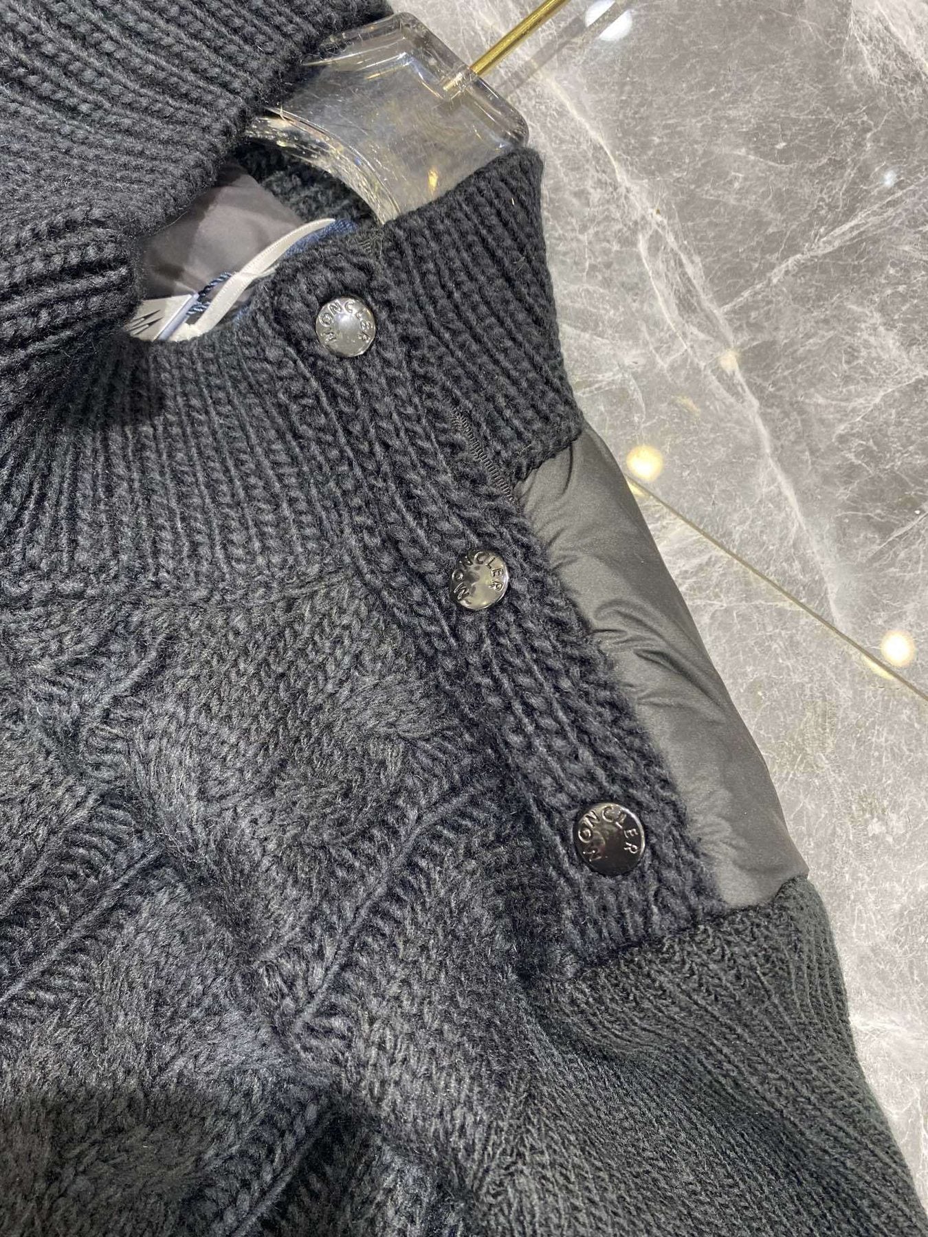 Moncler Belted Padded Panel Cable-Knit Sweater — detail