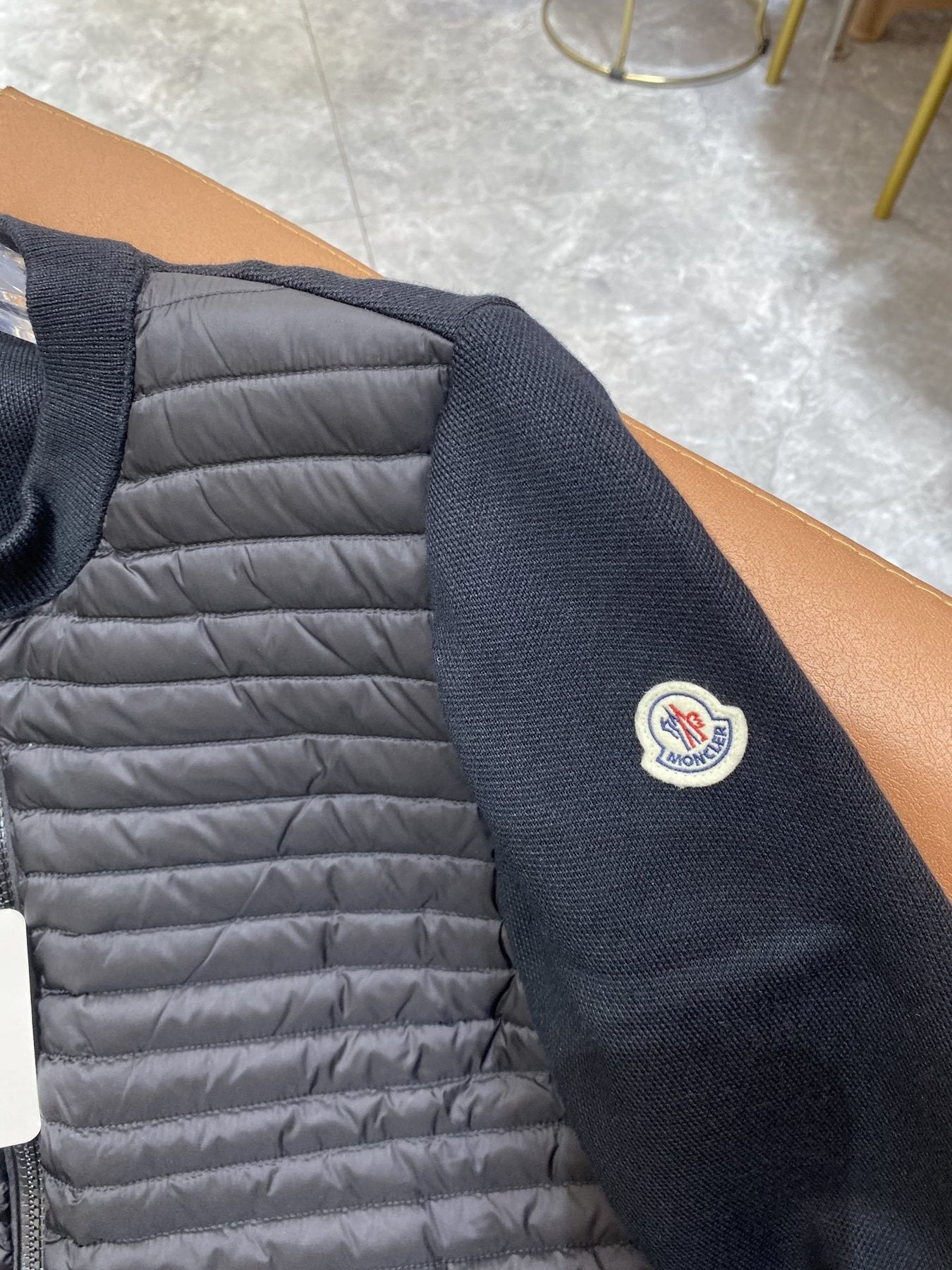 Moncler Quilted Knit-Sleeve Zip Down Jacket — detail