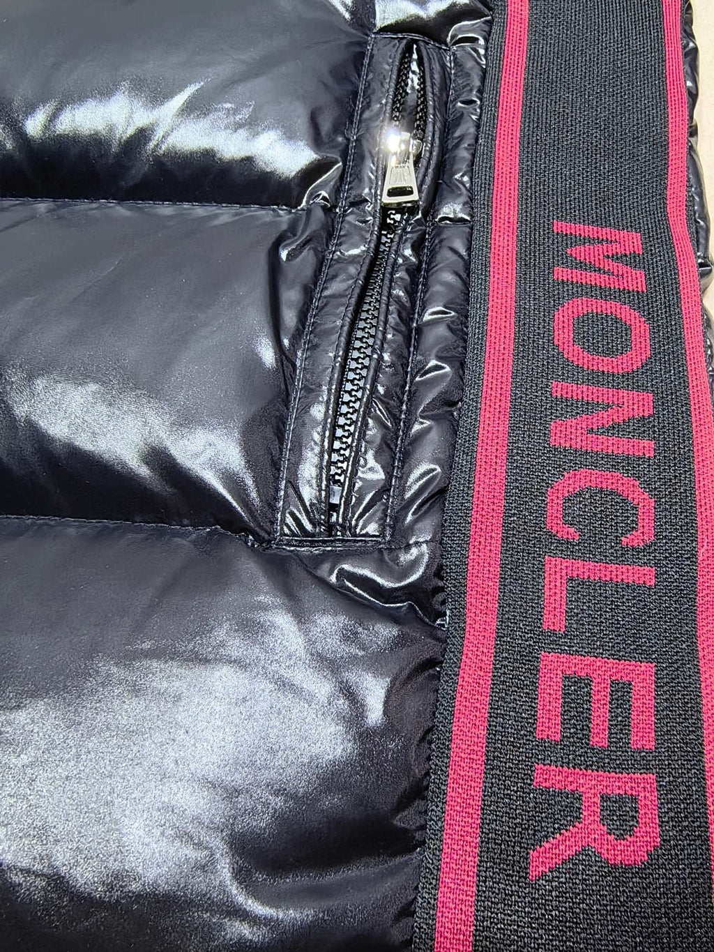 Moncler Glossy Knit-Panel Short Down Coat — detail