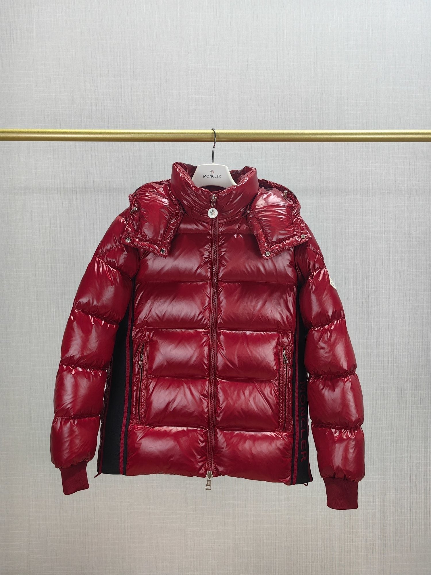 Moncler Glossy Knit-Panel Short Down Coat — hero