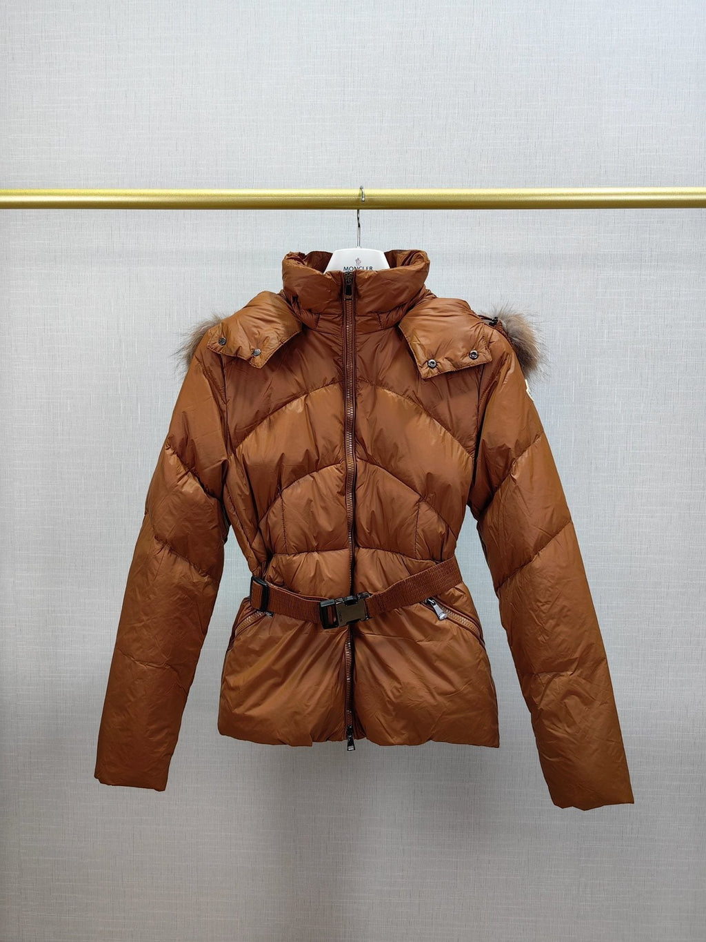 Moncler Women's Fur-Trim Hood Belted Short Down Coat — hero