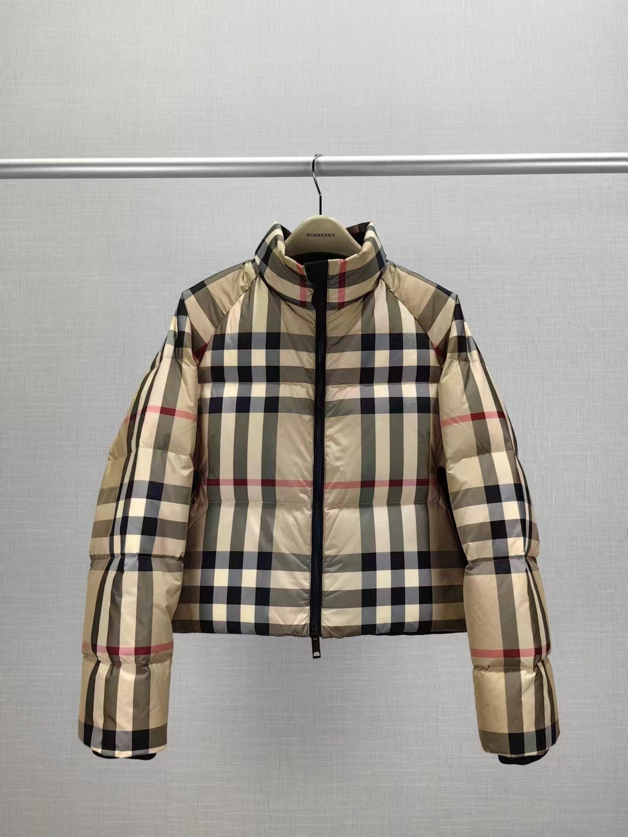 Burberry Beige and Navy Check Short Puffer Jacket — hero