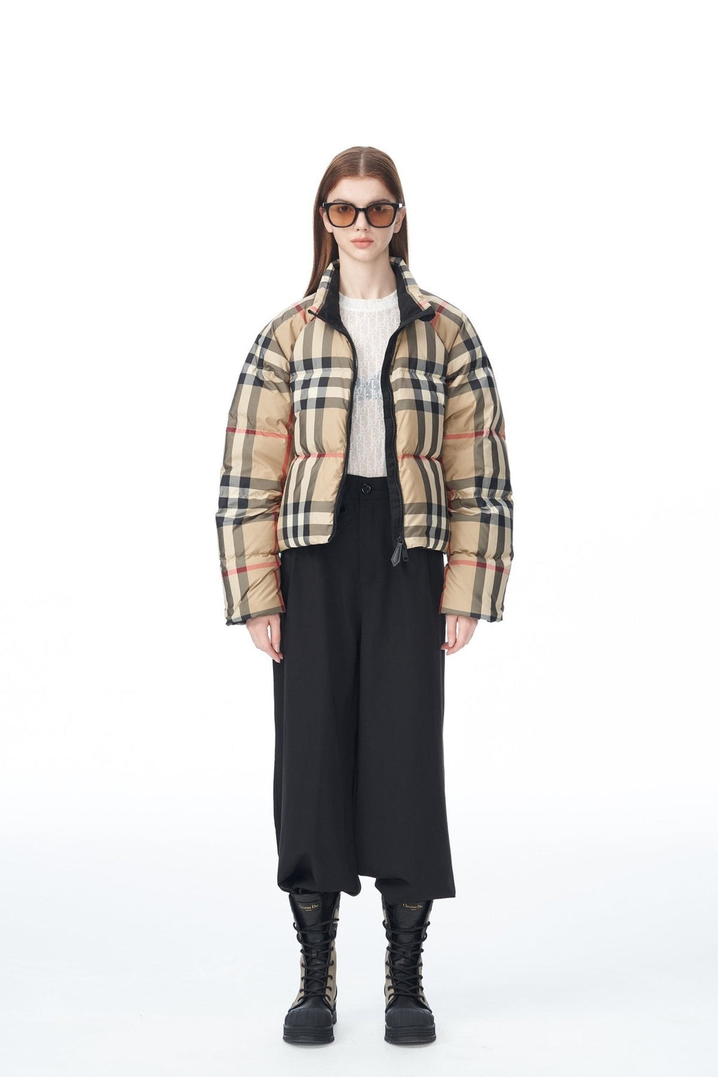 Burberry Beige and Navy Check Short Puffer Jacket — front