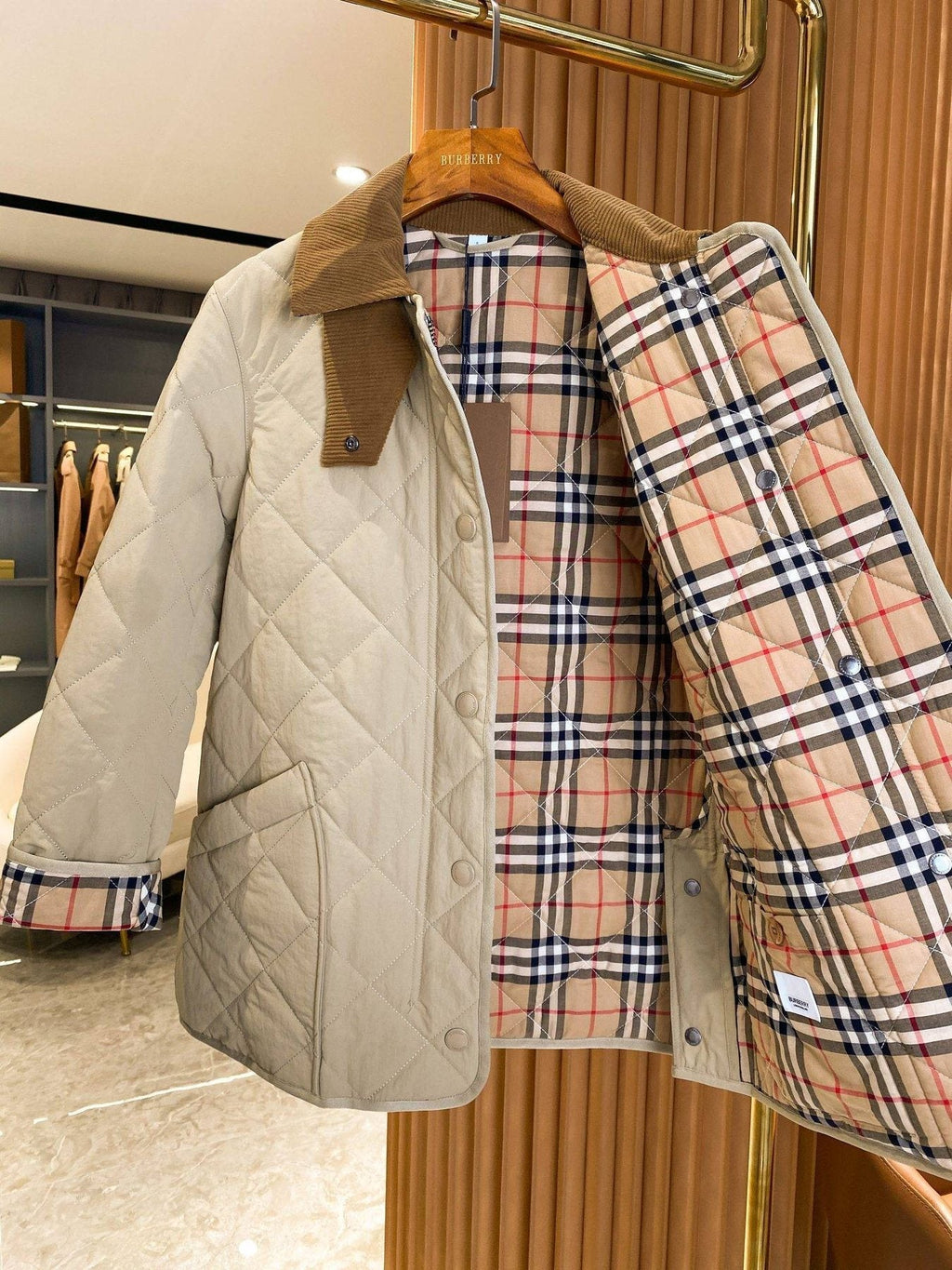 Burberry Diamond-Quilted Check-Lined Jacket — detail