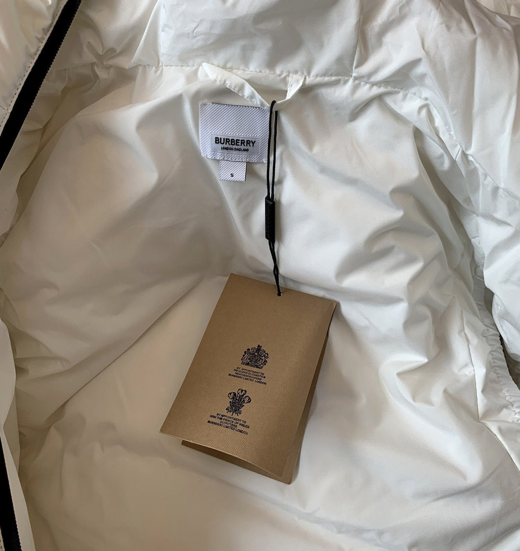 Burberry Pegasus-Emblem Hooded Down Vest — neck_label