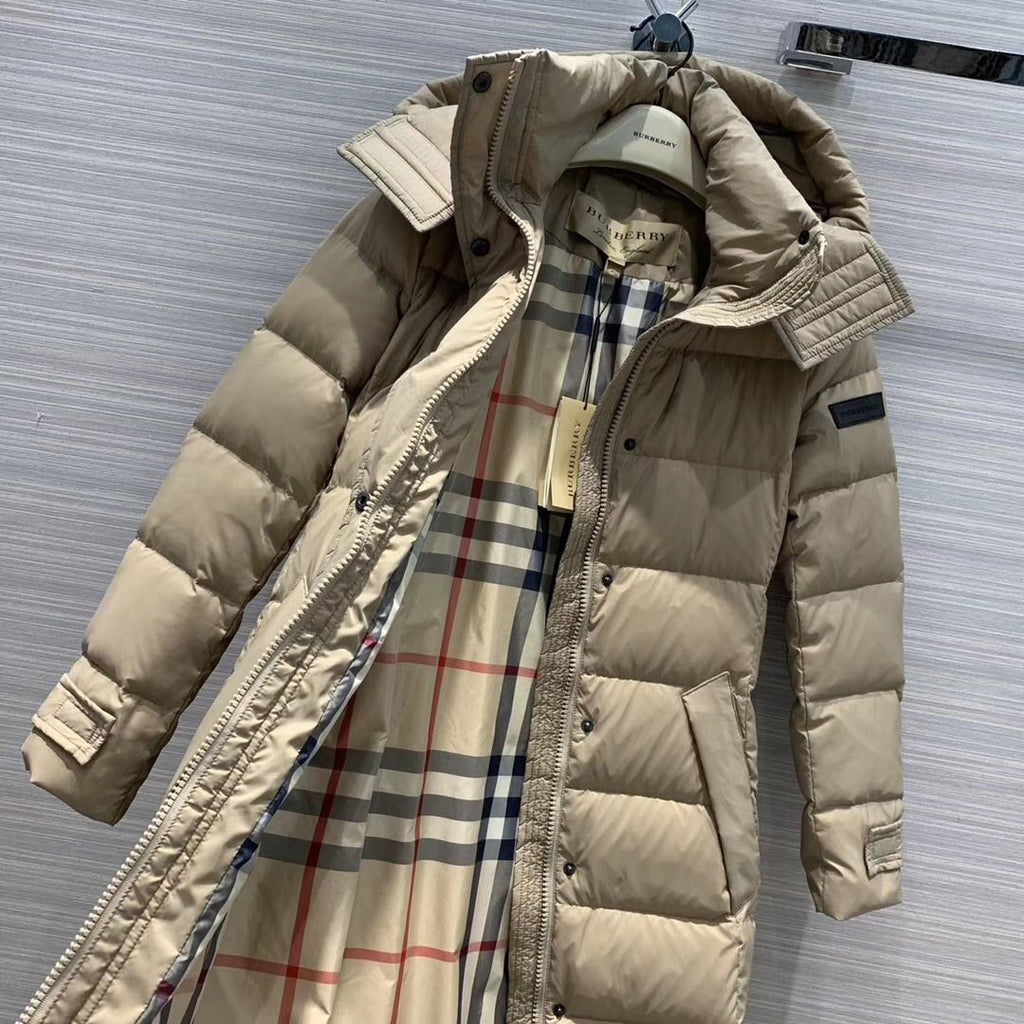 Burberry Belted Hooded Long Down Jacket — detail