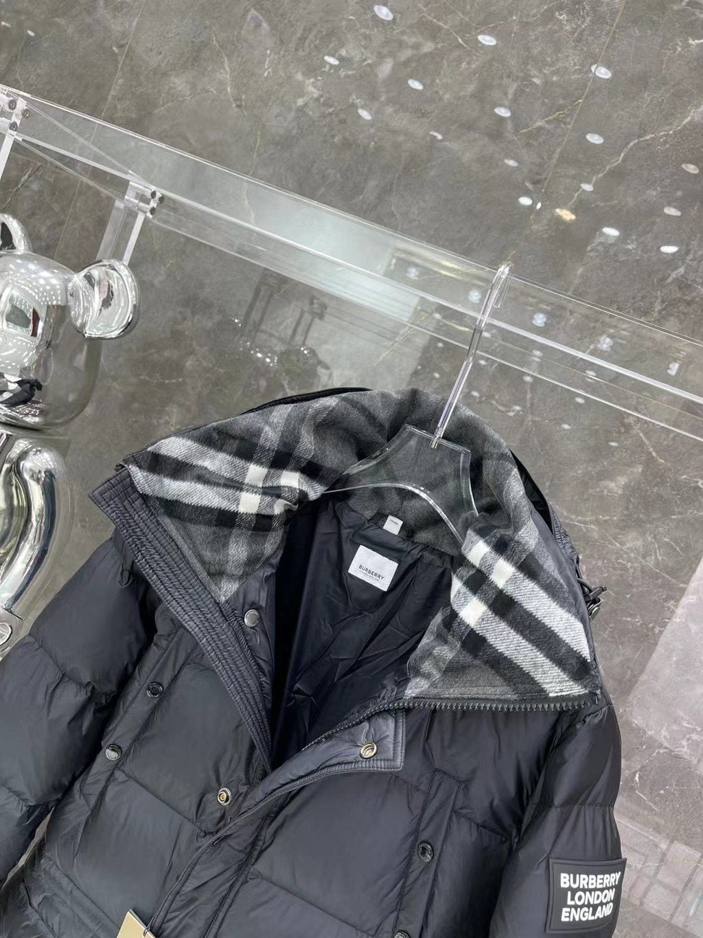 Burberry Navy Hooded Long Puffer Jacket — detail