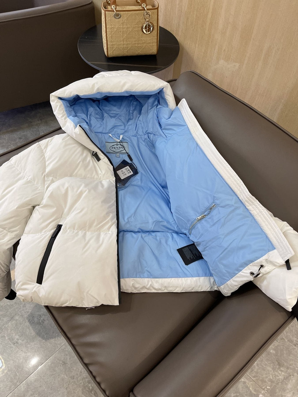 Prada Hooded Short Down Jacket — detail