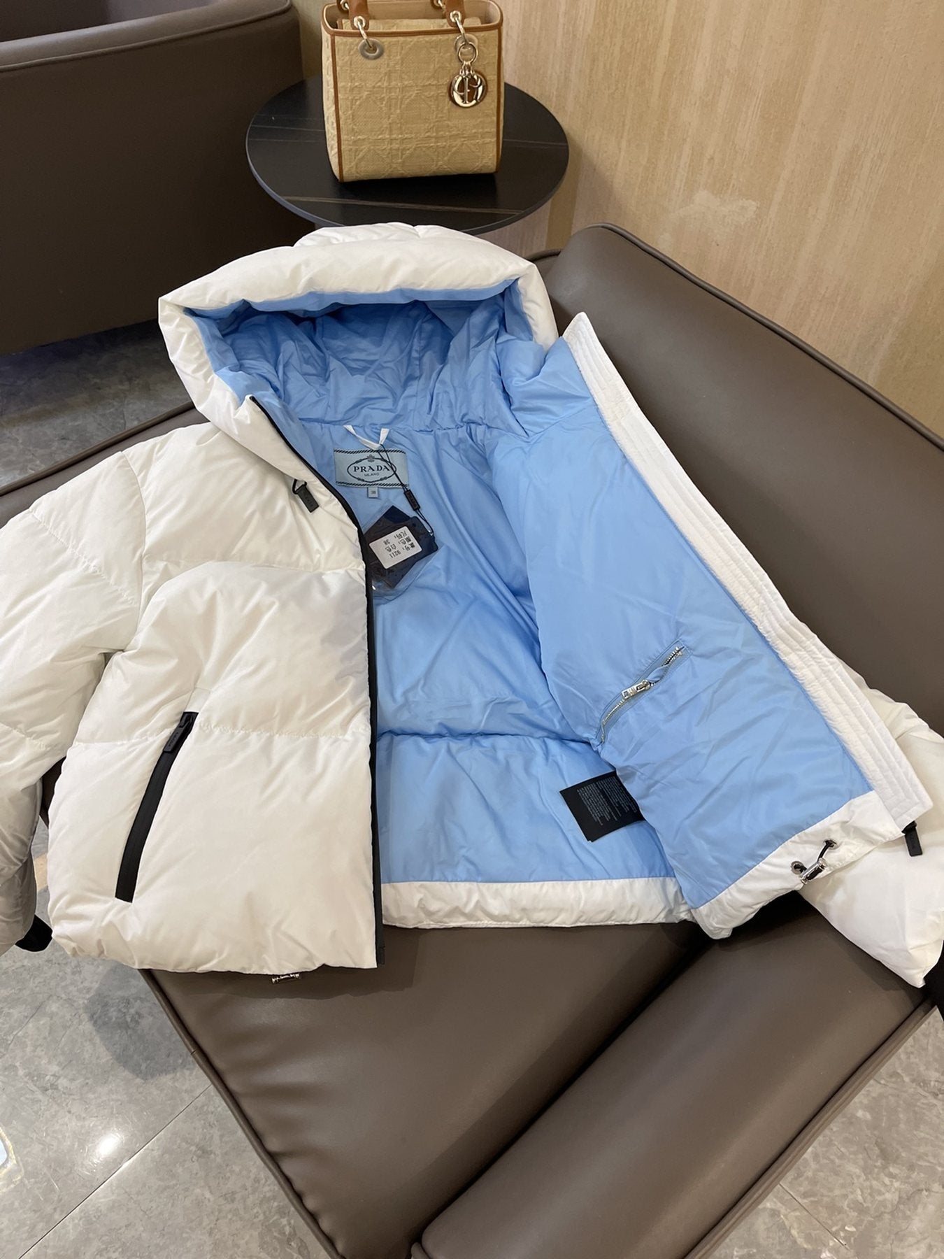 Prada Hooded Short Down Jacket — detail