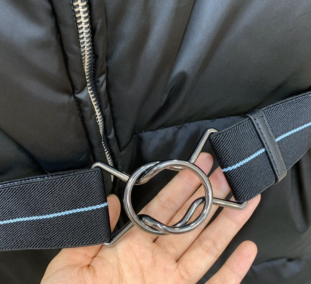 Prada Long Belted Puffer Jacket — detail