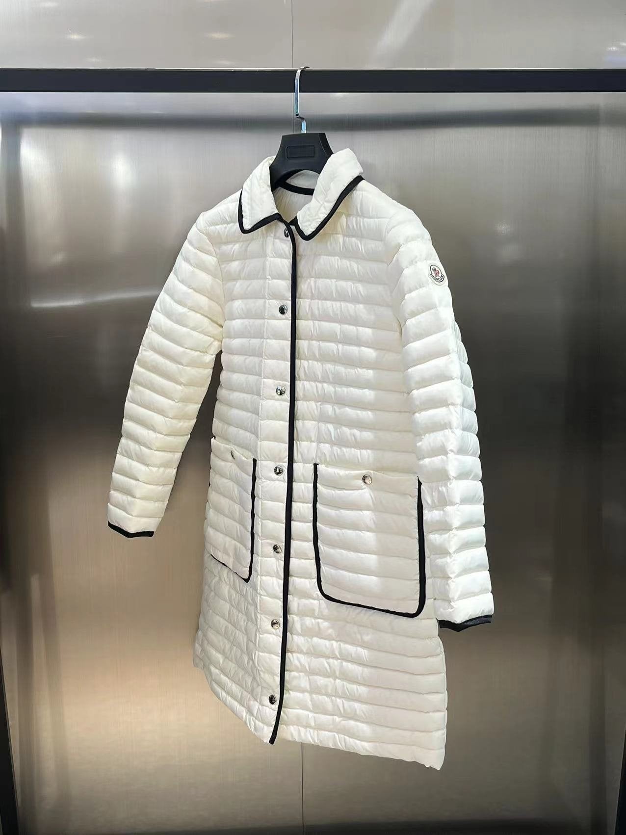 Moncler Women's Long Quilted Button-Front Down Coat — detail