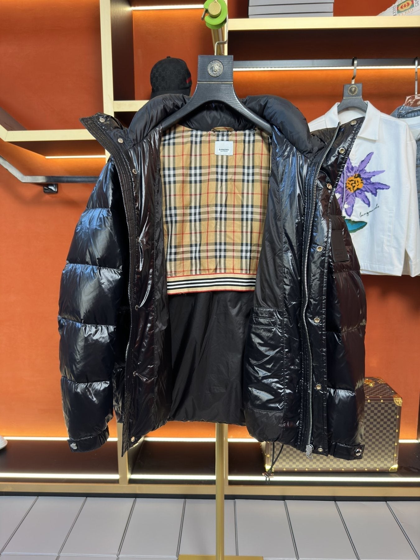 Burberry Hooded Glossy Quilted Puffer Jacket — detail