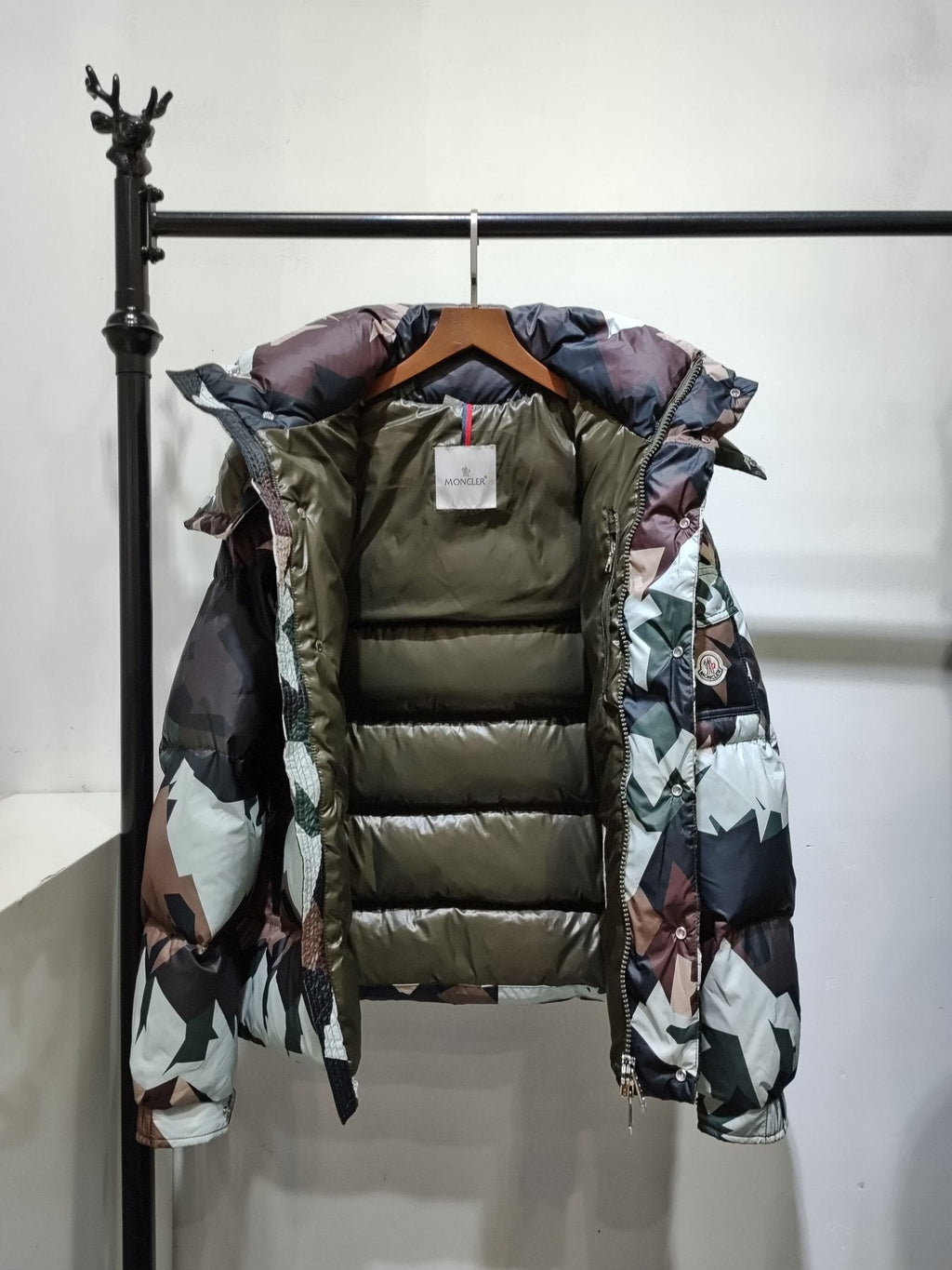 Moncler Geometric Camouflage Hooded Puffer Coat — front