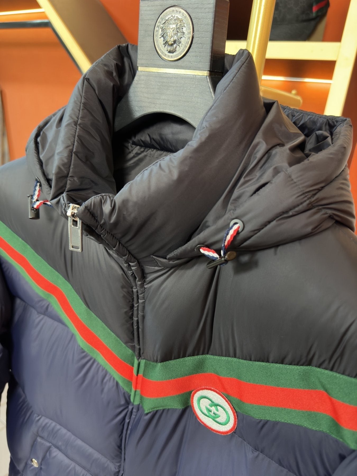 GUCCI Hooded Web Stripe Puffer Jacket — detail