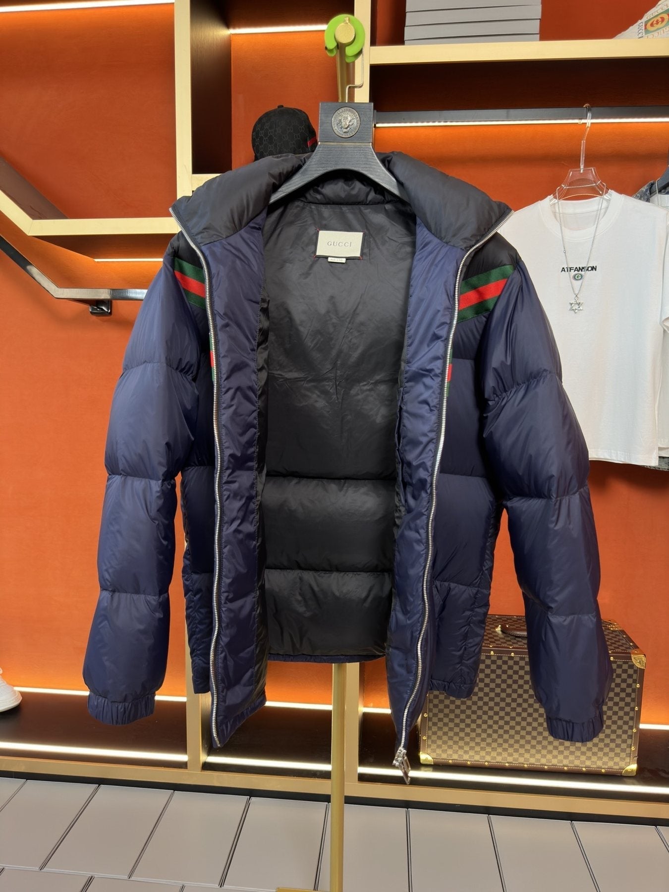 GUCCI Hooded Web Stripe Puffer Jacket — detail