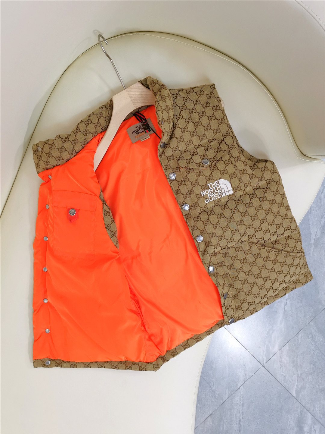 GUCCI Brown Monogram Hooded Down Vest — detail