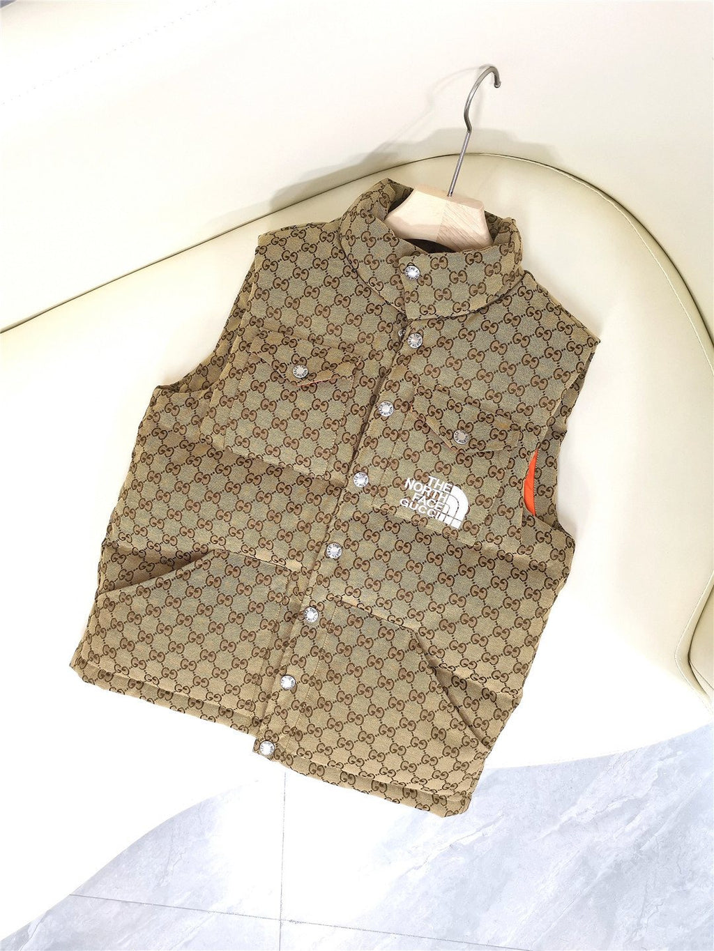 GUCCI Brown Monogram Hooded Down Vest — front