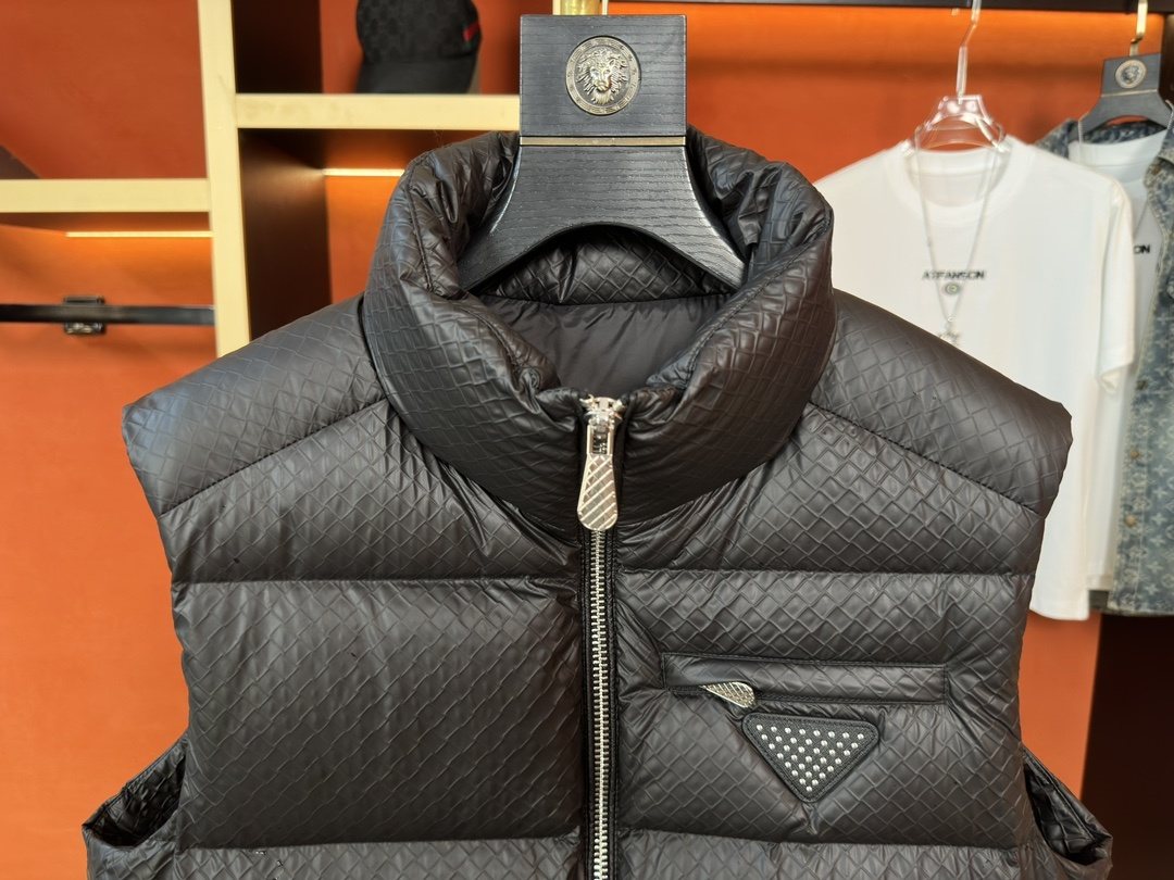 Prada Quilted Zip-Front Down Vest — detail