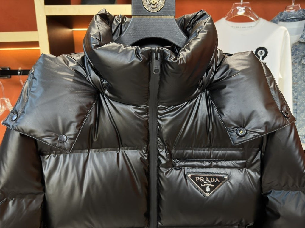 Prada Hooded Triangle-Badge Puffer Jacket — detail