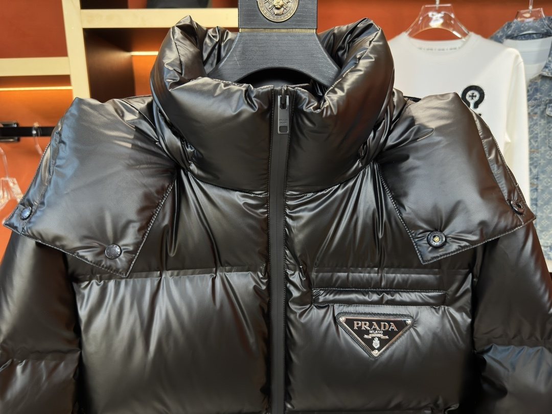Prada Hooded Triangle-Badge Puffer Jacket — detail