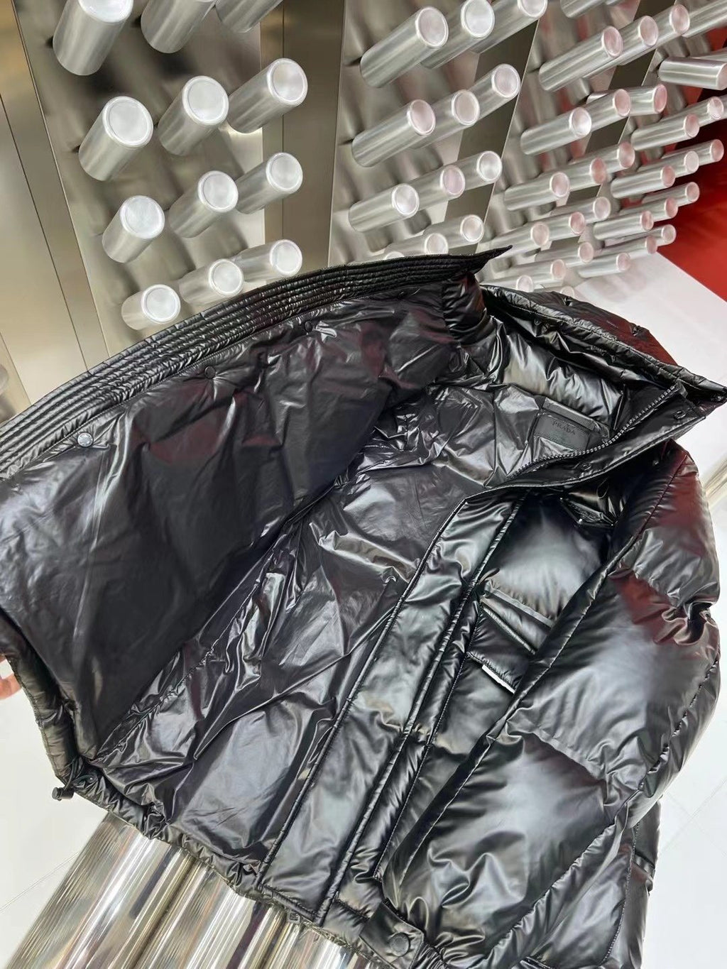 Prada Black Hooded Quilted Puffer Jacket — detail