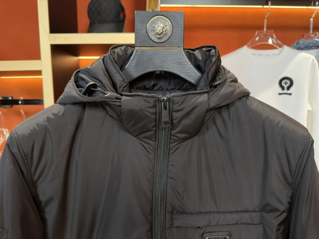 Prada Reversible Hooded Short Down Jacket — detail