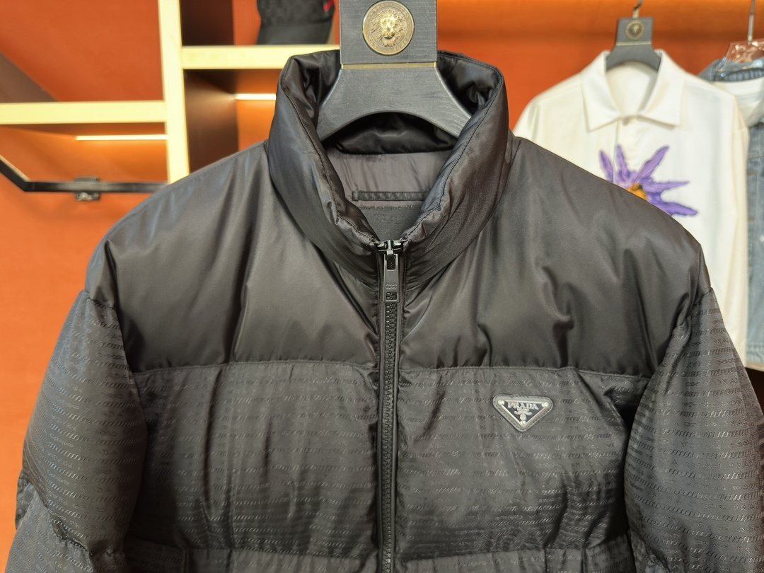 Prada Black Tonal Panel Puffer Jacket — detail