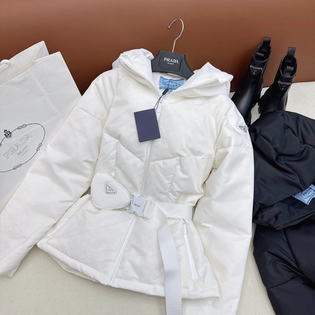 Prada Belted Hooded Short Down Jacket — front