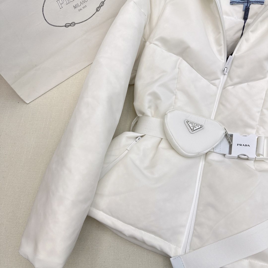 Prada Belted Hooded Short Down Jacket — detail