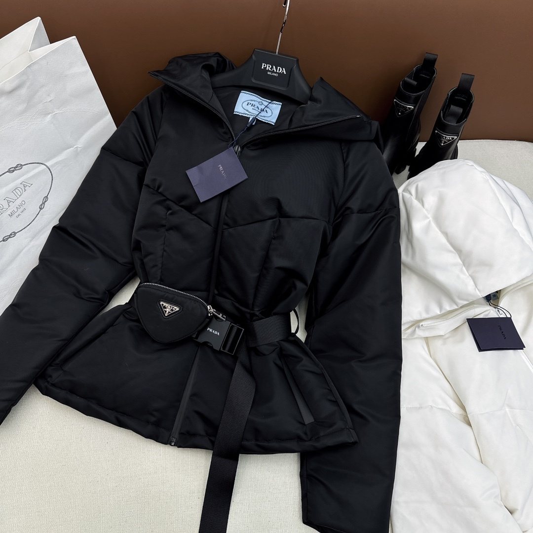 Prada Belted Hooded Short Down Jacket — hero