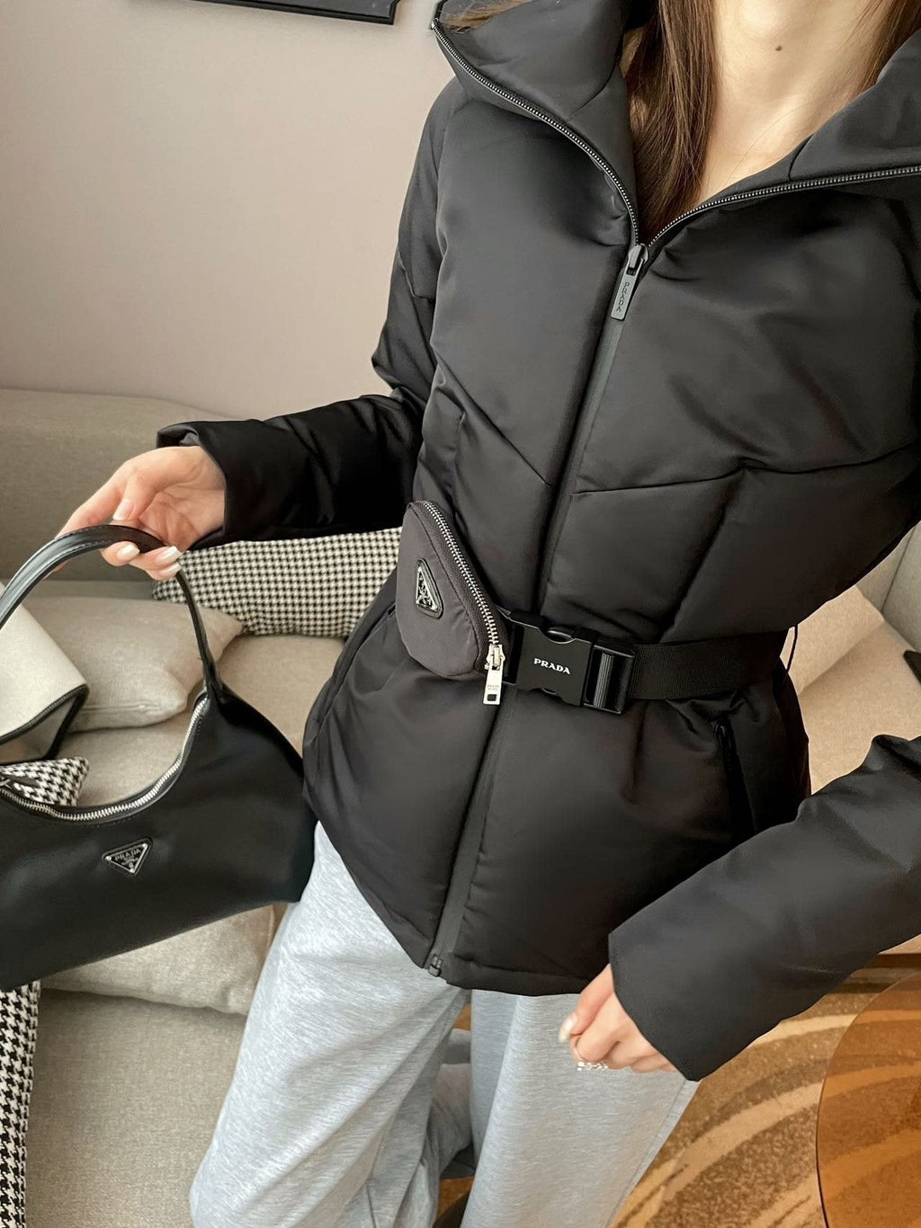 Prada Belted Hooded Short Down Jacket — context