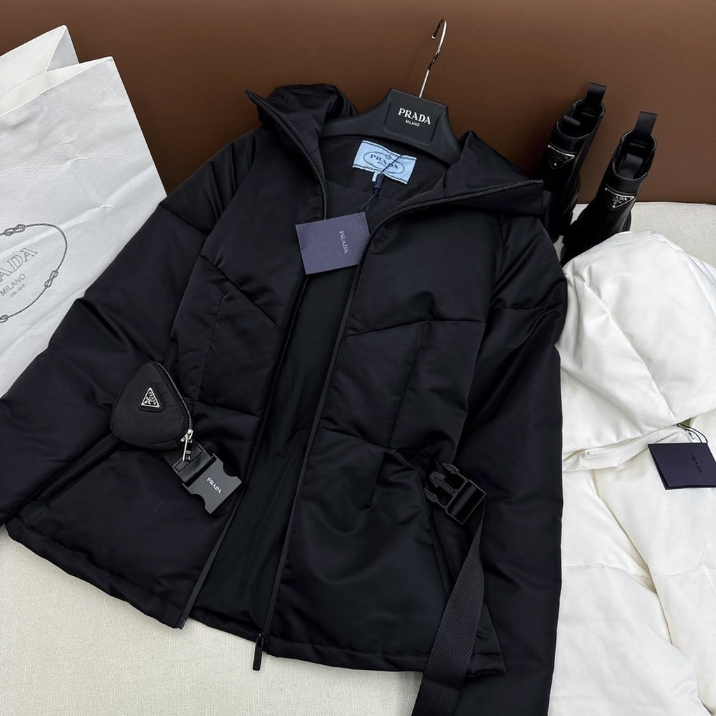 Prada Belted Hooded Short Down Jacket — front