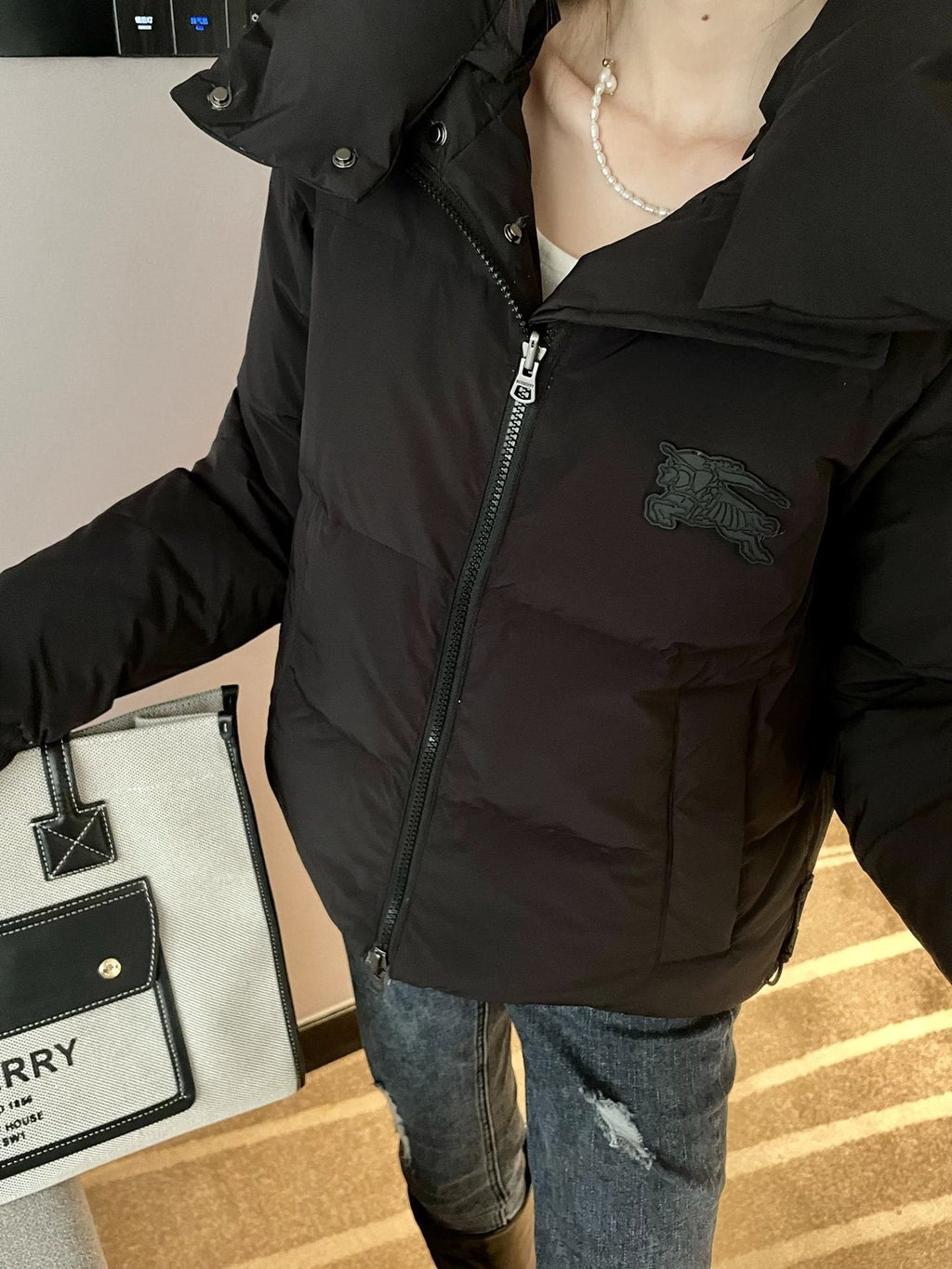 Burberry Checked-Panel Hooded Puffer Jacket — detail