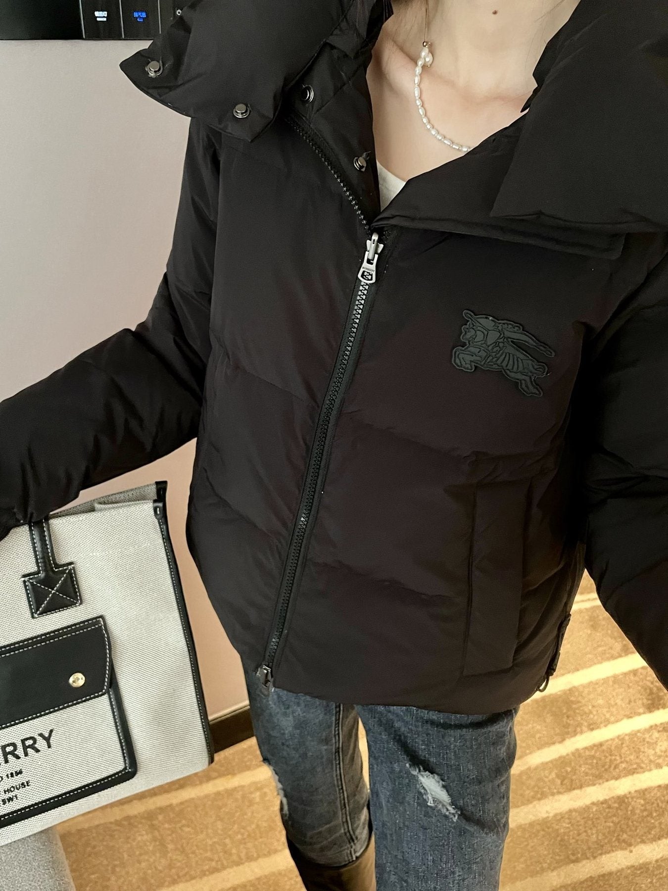 Burberry Checked-Panel Hooded Puffer Jacket — detail