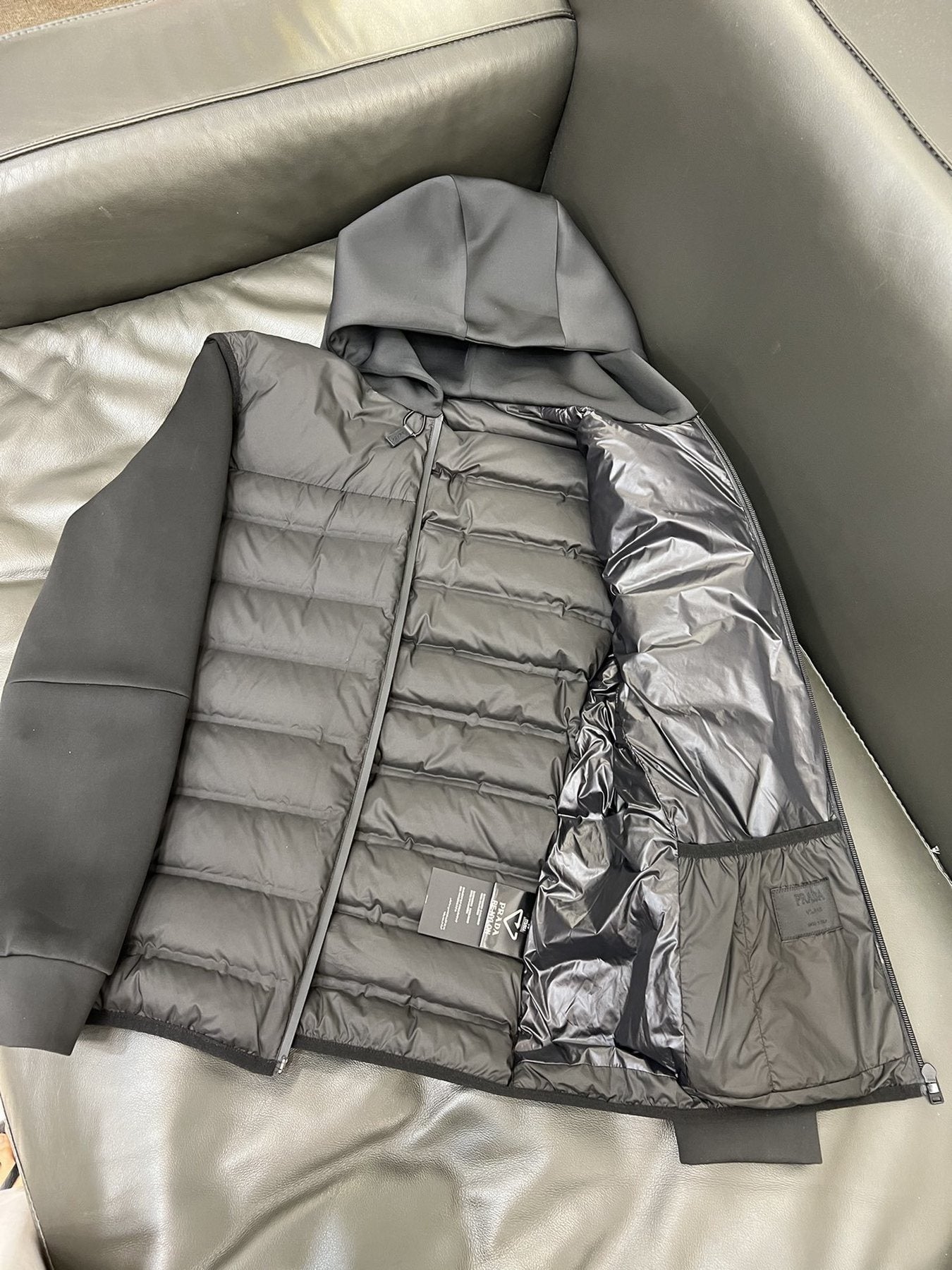 Prada Black Hooded Quilted Jacket — detail