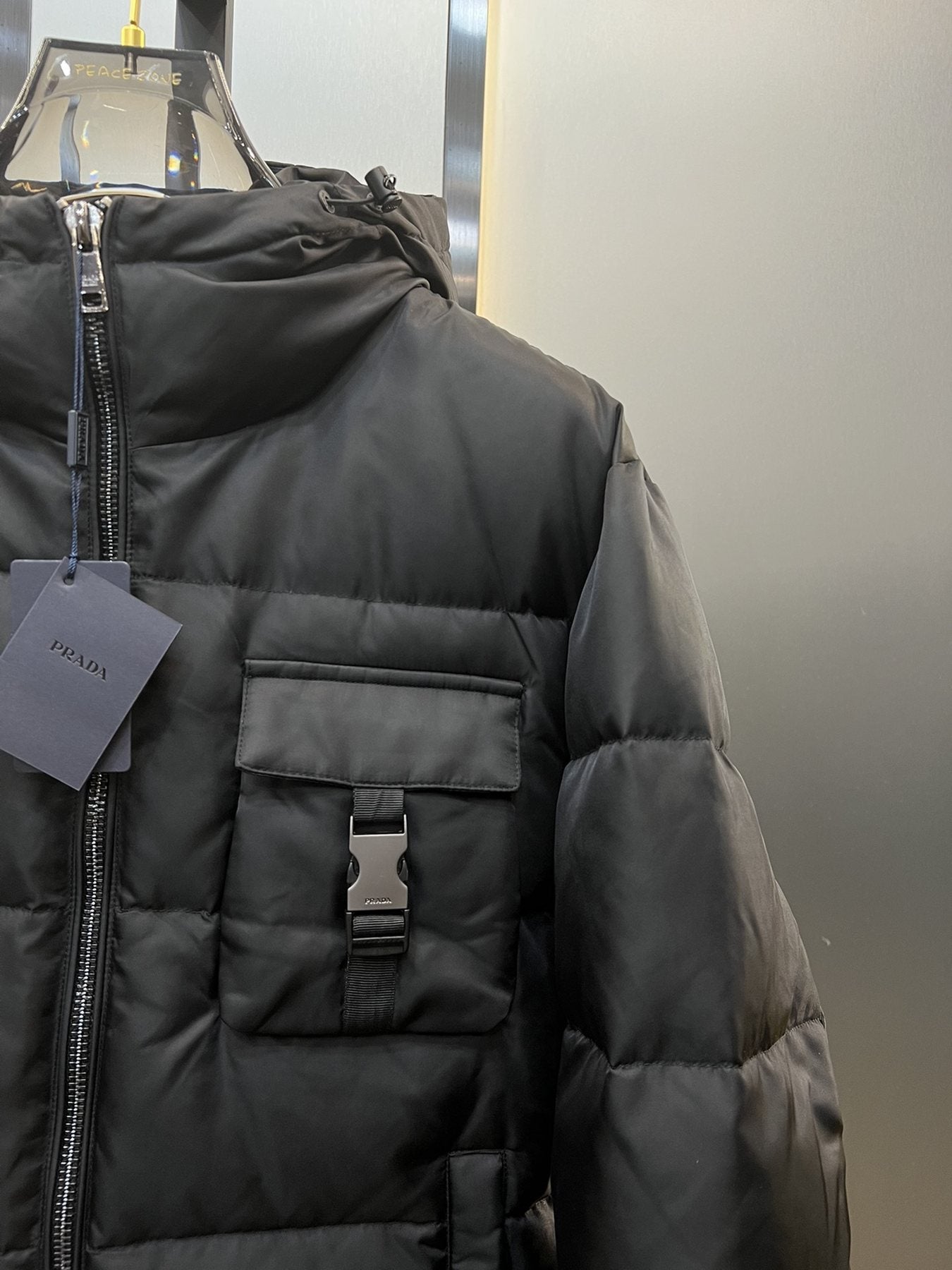 Prada Black Hooded Quilted Puffer Jacket — detail