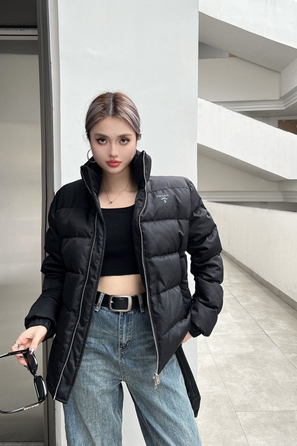 Prada Black Quilted Logo Puffer Jacket — context