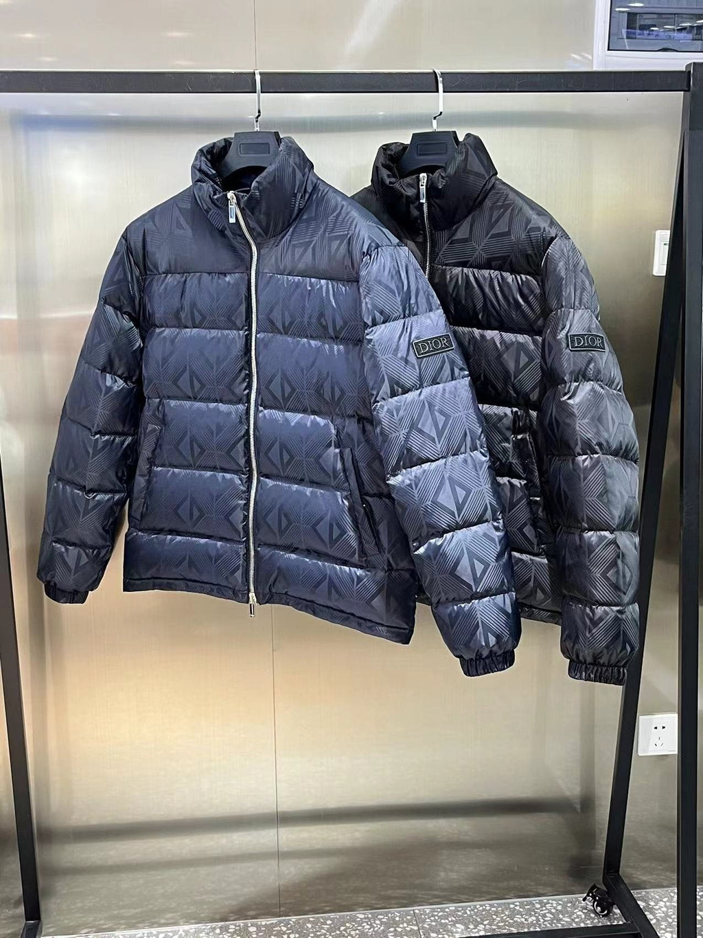 Dior Geometric-Pattern Short Down Jacket — comparison
