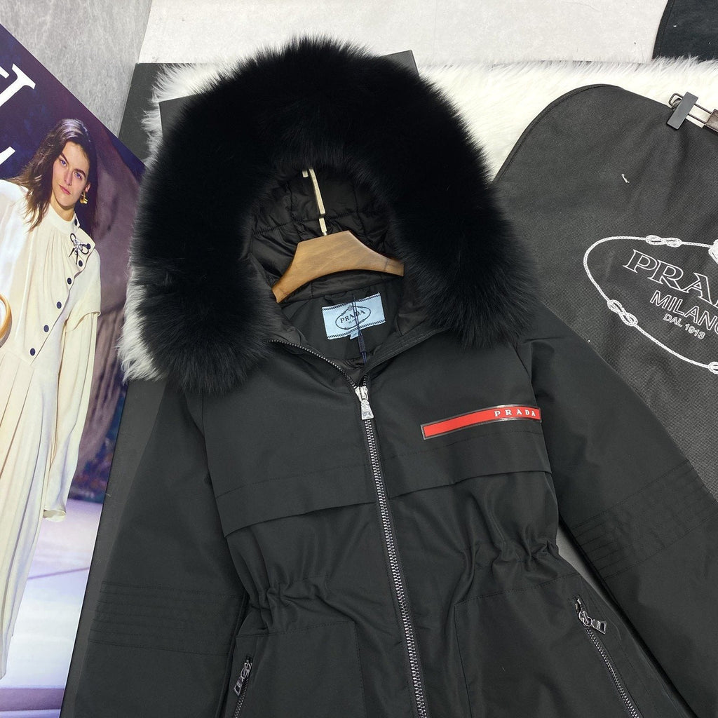 Prada Fur-Trim Hood Long Down Jacket — detail