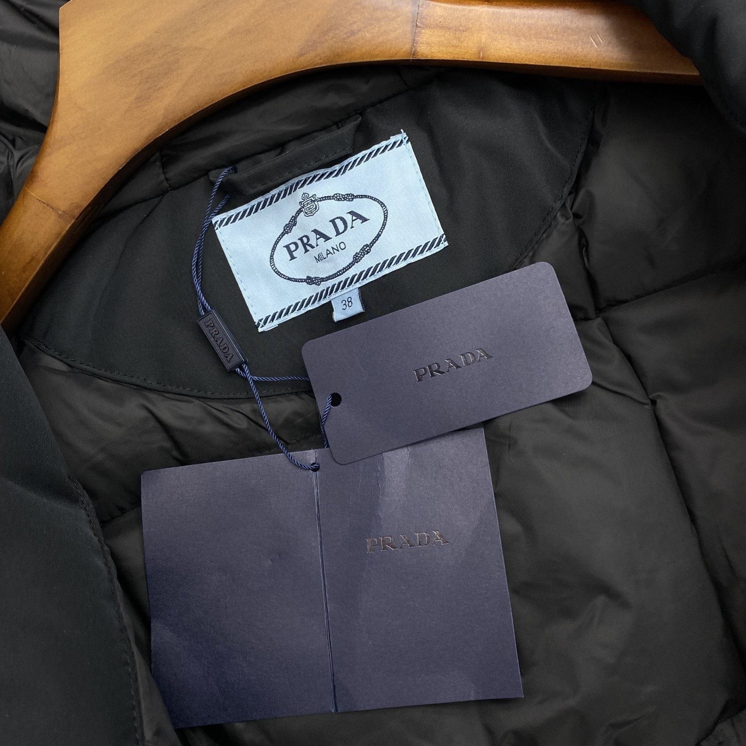 Prada Fur-Trim Hood Long Down Jacket — neck_label
