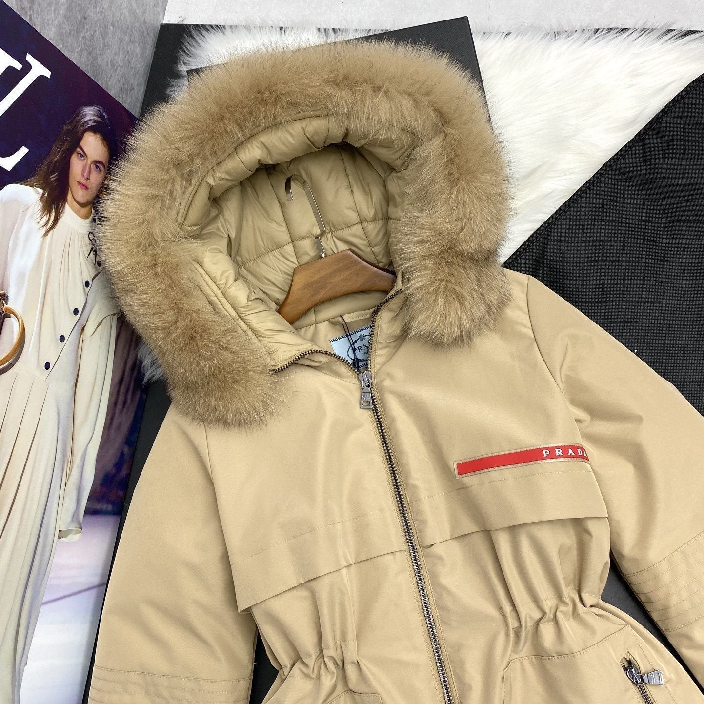Prada Fur-Trim Hood Long Down Jacket — detail