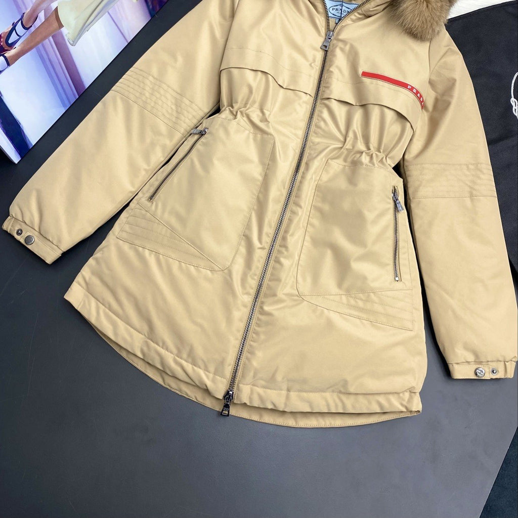 Prada Fur-Trim Hood Long Down Jacket — front