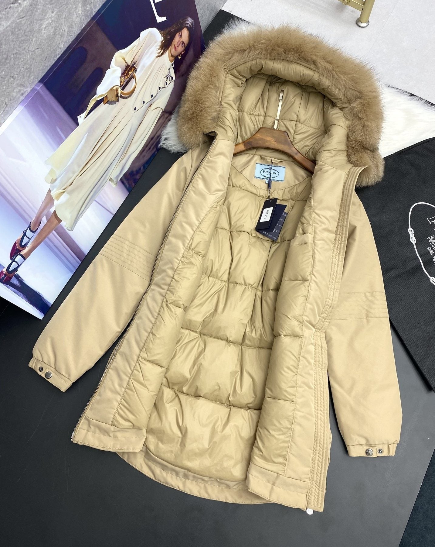 Prada Fur-Trim Hood Long Down Jacket — detail