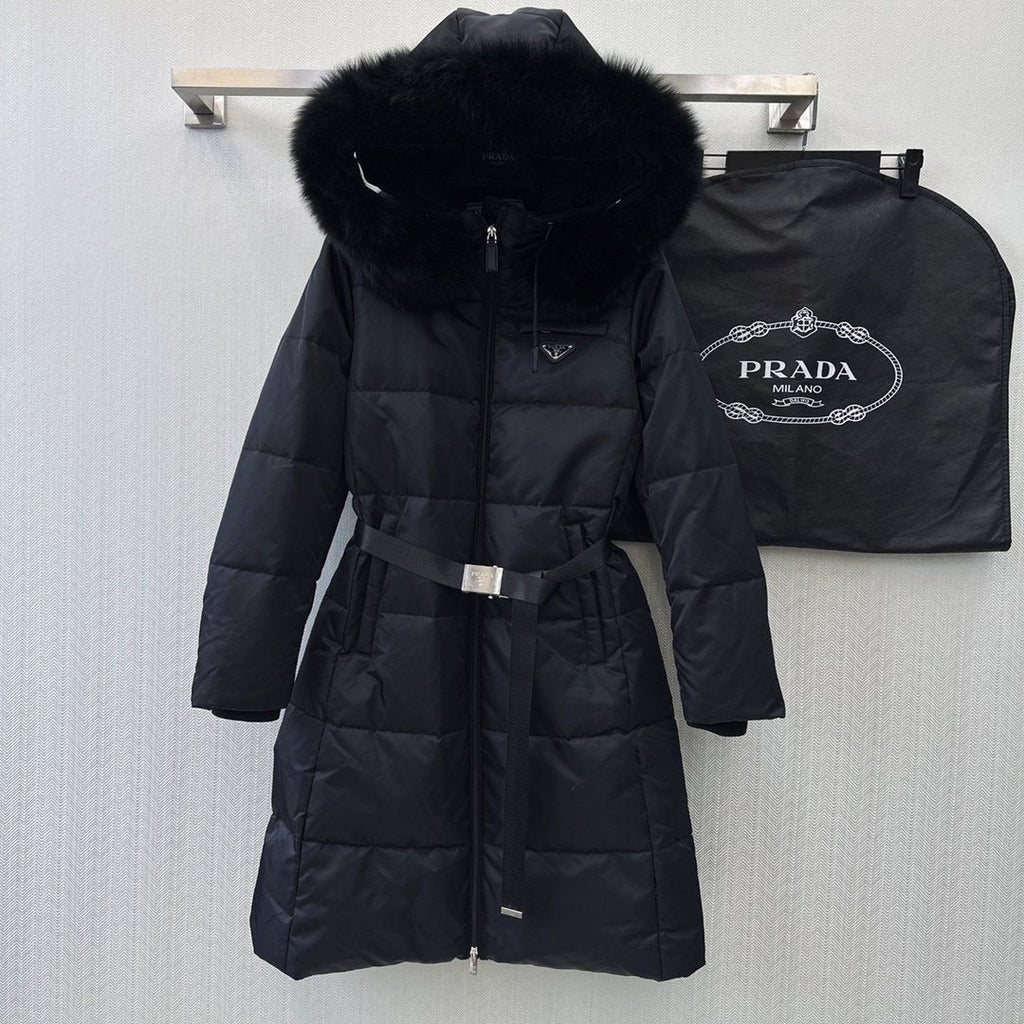 Prada Fur-Trim Hooded Longline Puffer Jacket — hero