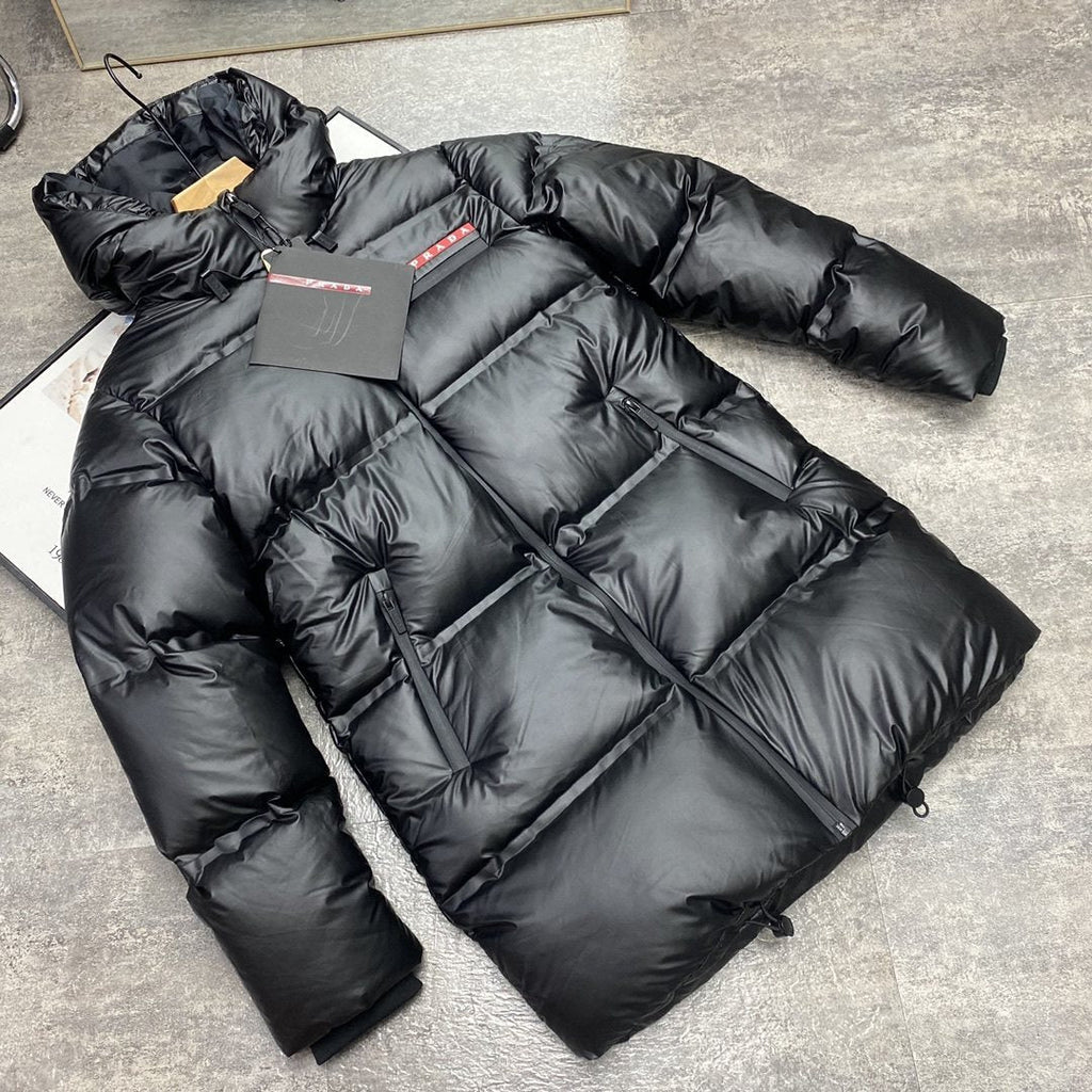 Prada Hooded Long Down Jacket — detail
