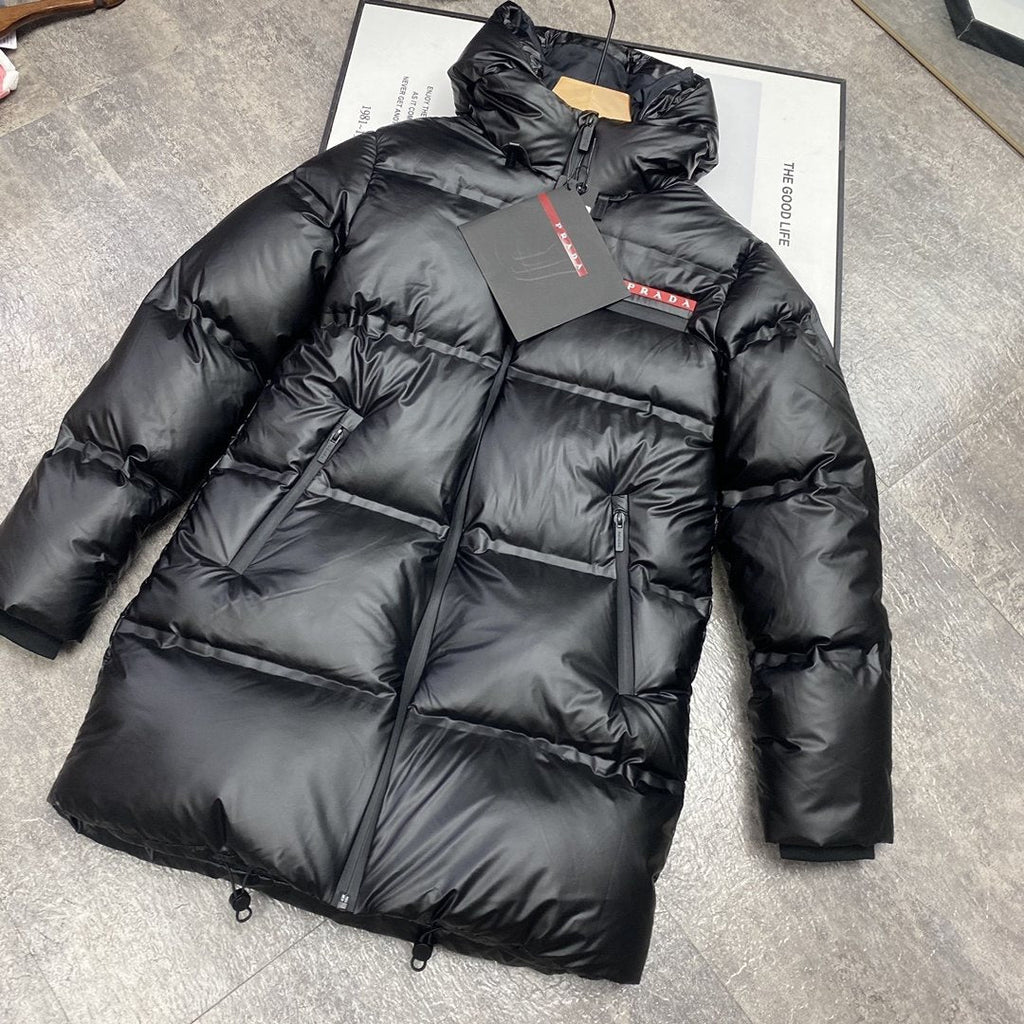 Prada Hooded Long Down Jacket — detail