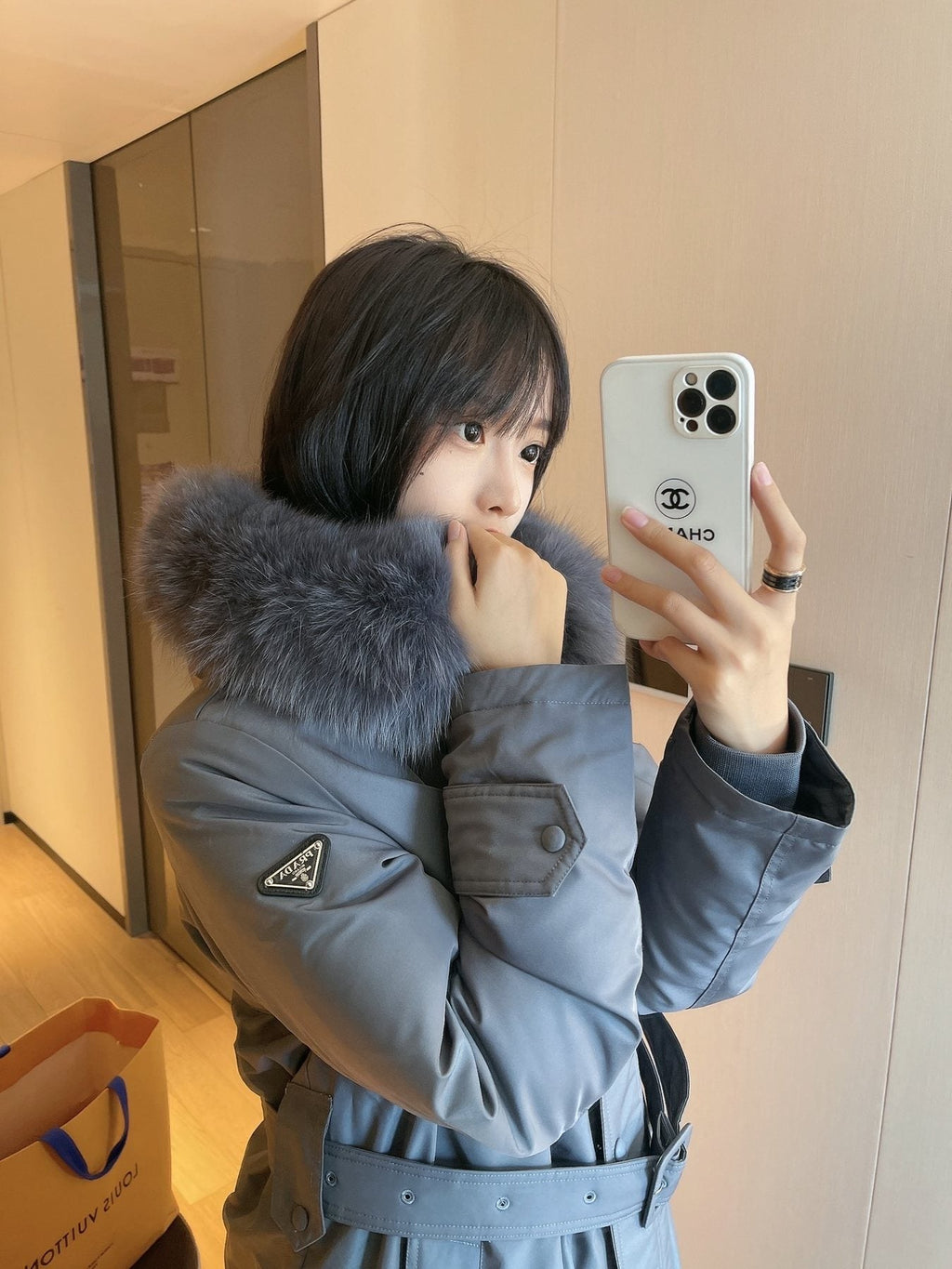 Prada Fur-Trim Hood Belted Long Down Jacket — detail